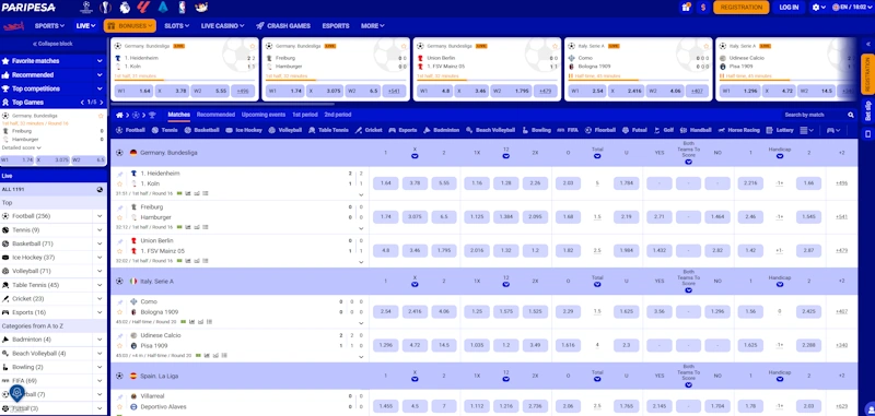 Live betting screenshot