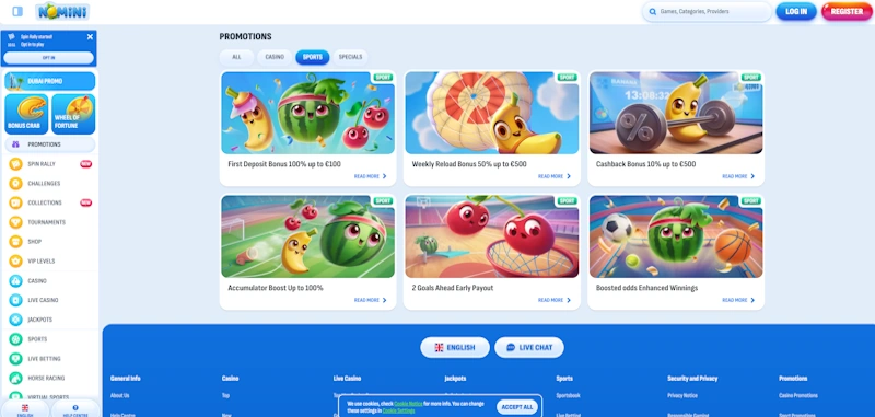 Bonuses and Promotions nomini Casino screenshot