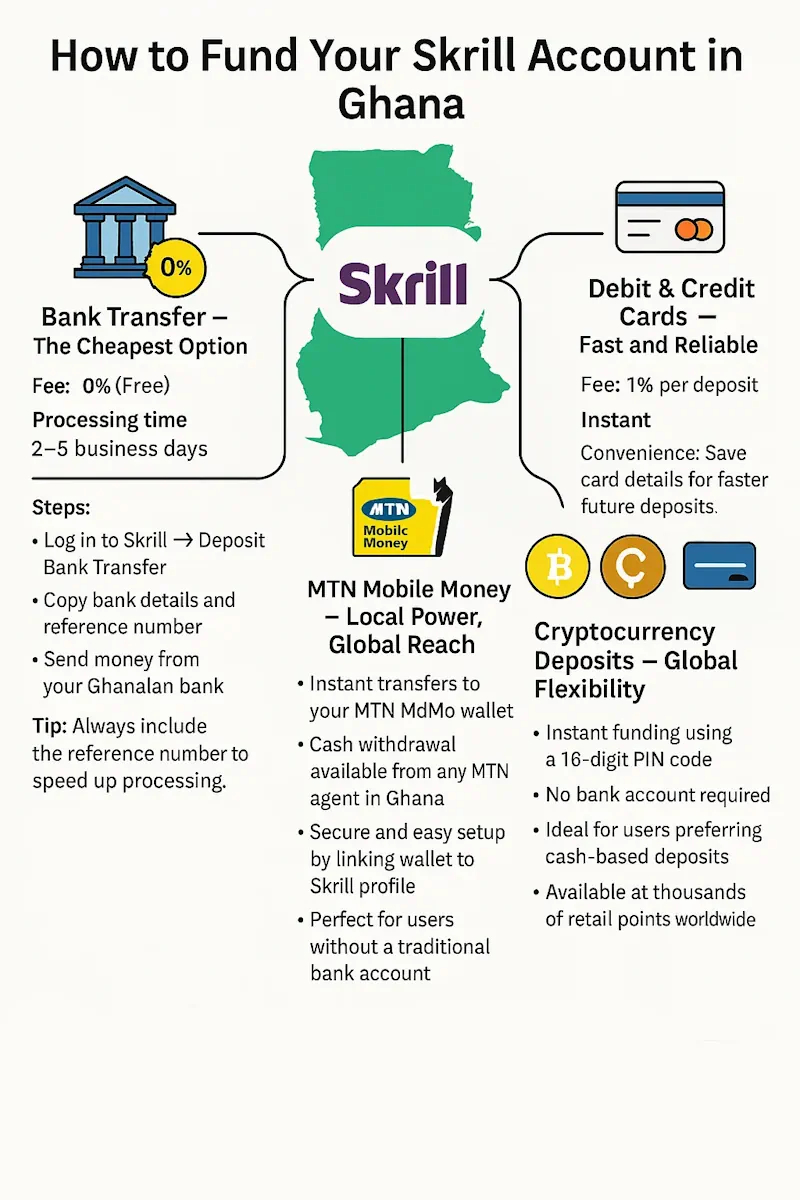 Skrill deposit methods available in Ghana infpographic